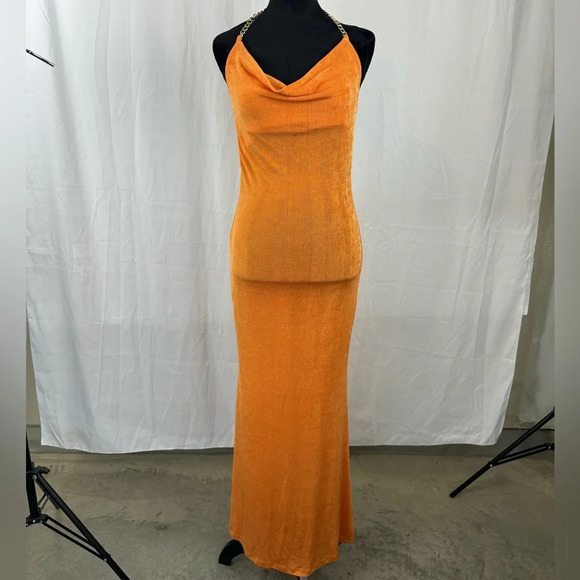 NWT Orange Chain Strap Backless Maxi Dress Size M - Picture 1 of 6